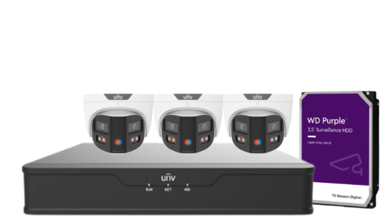Uniview PRIME-III 8MP 180° Dual-Lens AI CCTV Kit – 4 Channel NVR + HDD – ColorHunter, People Counting, 30m IR – IPC3K28SE-ADF28KMC-DL-I0 Triguard