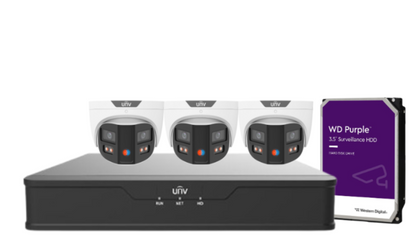 Uniview PRIME-III 8MP 180° Dual-Lens AI CCTV Kit – 4 Channel NVR + HDD – ColorHunter, People Counting, 30m IR – IPC3K28SE-ADF28KMC-DL-I0 Triguard