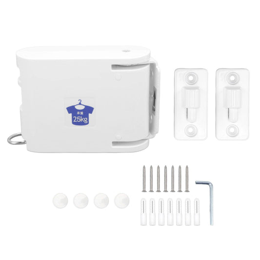 Retractable clothesline wall mount unit with included mounting kit parts, white