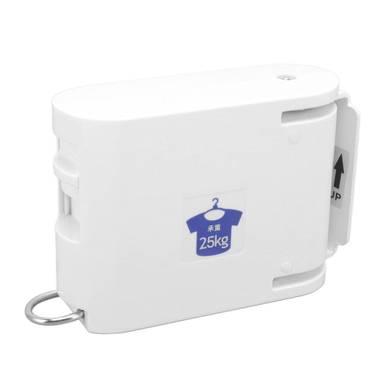 White retractable clothesline wall mount unit, side view with release tab