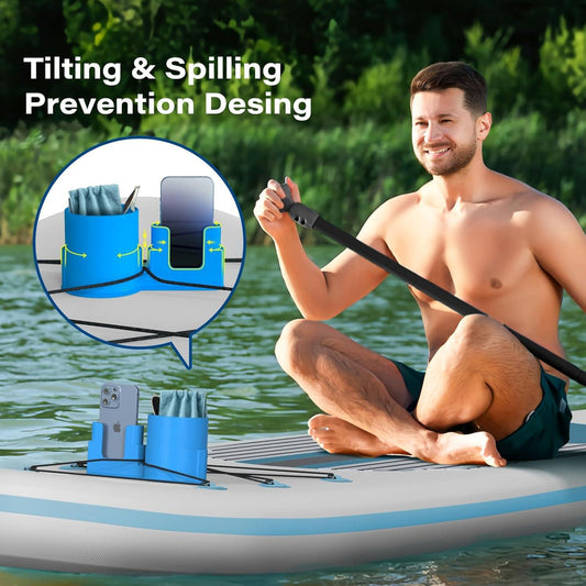 Paddle board cup holder and phone mount set in blue, with anti-spill base