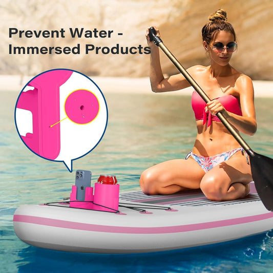 Paddle board cup holder and phone mount set in pink and gray, for water gear