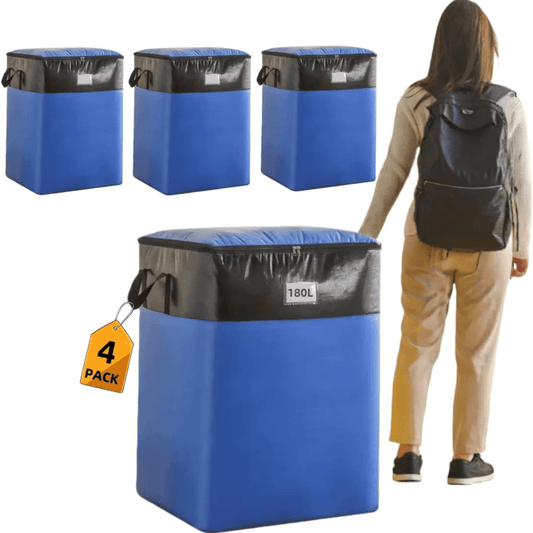 4-pack blue storage bags with black lids, side handles, and hang tags