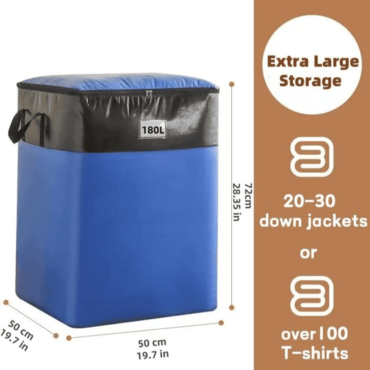 Blue extra-large storage bag with black lid, 180L marking, drawstring handles