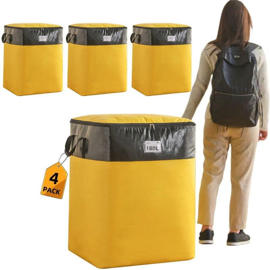 Four-pack storage cubes with black lids and yellow bodies, zip tops and carry straps