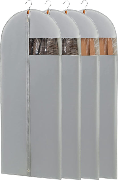 4 Pack - 65" Dress Garment Bags for Hanging Clothes, Dress Bags for Gowns Long, Foldable Long Garment Bag with Clear Window for Closet Storage and Travel - Gray