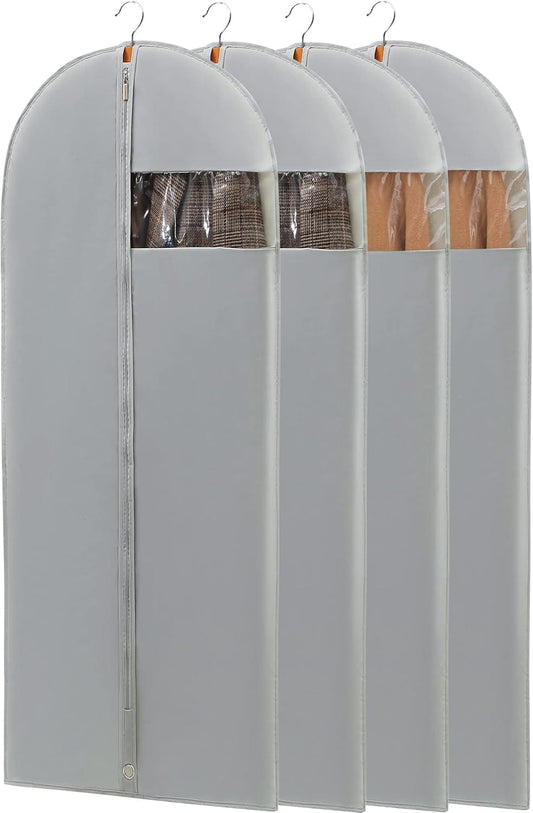 Set of four gray long garment bags with clear windows and hanger hooks.