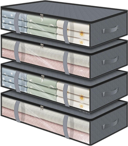 Set of four dark gray under-bed storage bins with clear windows and side handles