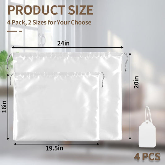 White rectangular drawstring dust bag, cloth cover pouch with hanging tag