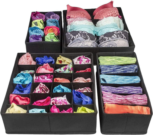 Black foldable drawer organizer set with two divider boxes and colorful folded socks