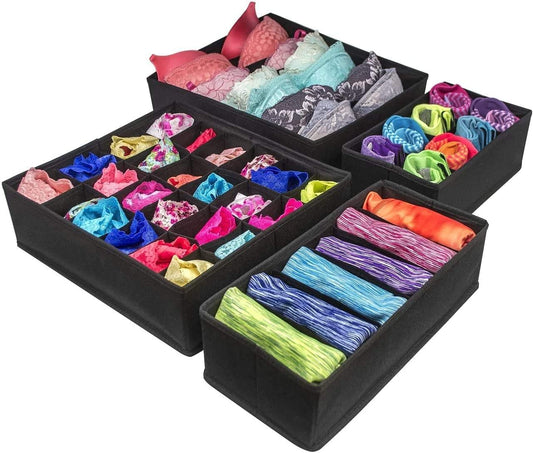 Black foldable drawer divider set with multiple fabric-filled compartments