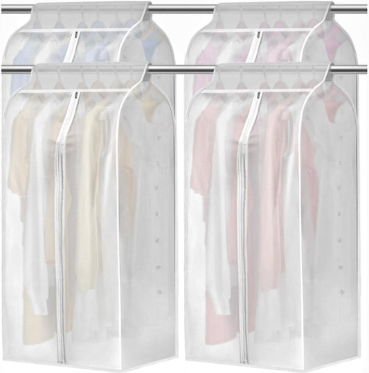 Four translucent hanging garment bags on a rod, with zippered front openings