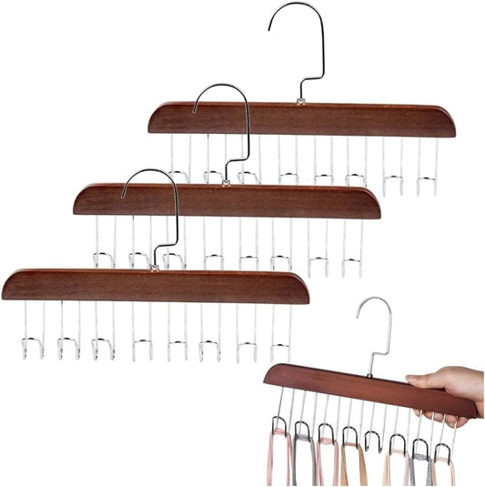 Wood multi-hook hanger set with dark brown bars and clear metal hooks, multiple hooks