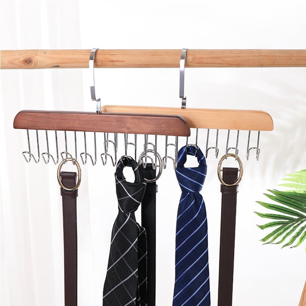 4 Pack Tank Top Bra Hanger, Wood Tie and Belt Hanger, Anti Slip Multi Hook Coat Rack, Hanging Closet Organization Storage Holder for Belts, Ties, Scarfs, Bras, Camisoles (Dark Brown)