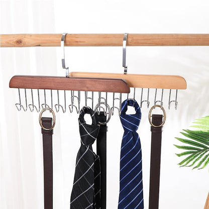 4 Pack Tank Top Bra Hanger, Wood Tie and Belt Hanger, Anti Slip Multi Hook Coat Rack, Hanging Closet Organization Storage Holder for Belts, Ties, Scarfs, Bras, Camisoles (Dark Brown)