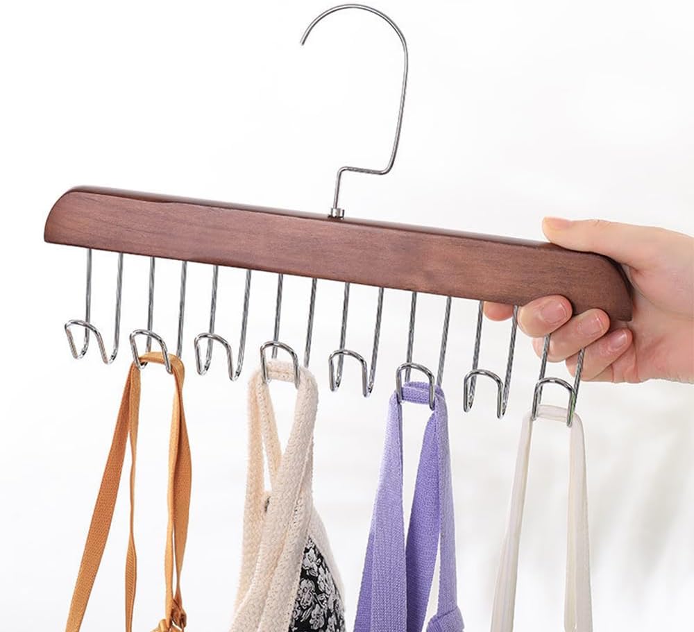 4 Pack Tank Top Bra Hanger, Wood Tie and Belt Hanger, Anti Slip Multi Hook Coat Rack, Hanging Closet Organization Storage Holder for Belts, Ties, Scarfs, Bras, Camisoles (Dark Brown)