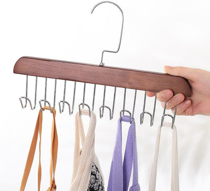4 Pack Tank Top Bra Hanger, Wood Tie and Belt Hanger, Anti Slip Multi Hook Coat Rack, Hanging Closet Organization Storage Holder for Belts, Ties, Scarfs, Bras, Camisoles (Dark Brown)