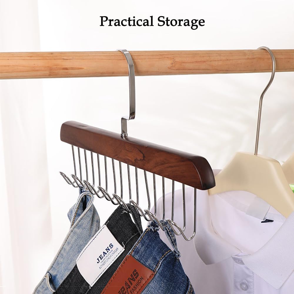 4 Pack Tank Top Bra Hanger, Wood Tie and Belt Hanger, Anti Slip Multi Hook Coat Rack, Hanging Closet Organization Storage Holder for Belts, Ties, Scarfs, Bras, Camisoles (Dark Brown)