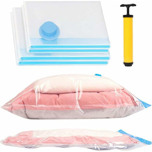 Clear vacuum storage bags with blue seal, shown with handheld pump