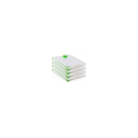 Clear vacuum storage bag set with green valve, folded and stacked