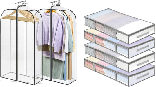 Clear under-bed garment storage bags with metal frame, shown stacked in a set