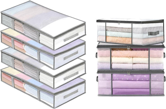 Stacked under-bed storage containers with clear tops, gray trim, and zippered lids