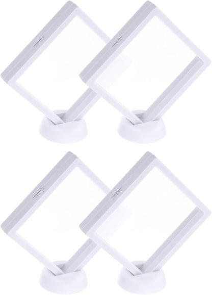 4 Pcs 3D Floating Display Case, 4.33 x 4.33 Inch Floating Frame Display Holder Stand, Transparent PE Jewelry Storage Box, White