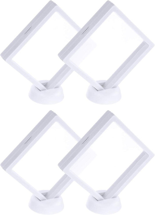 White floating display frame set with transparent windows and round pedestal bases, 4-pack