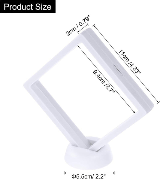 White floating display frame holder with transparent window and round pedestal base
