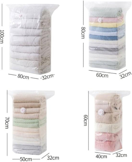 Vacuum compression storage bag set showing four sized bags in clear design