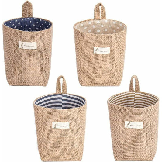 Set of four foldable storage baskets with handles and fabric liners, linen-look