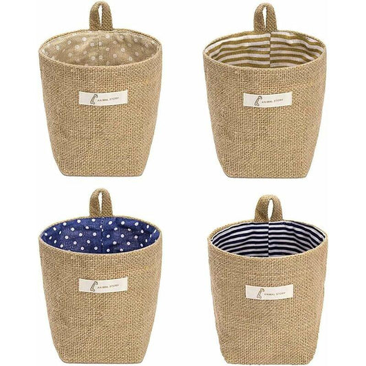 Set of four foldable storage baskets with handles and printed fabric liners