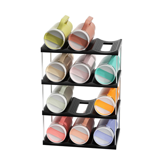 4-tier stackable cup and bottle organizer rack with multicolor detachable tumblers