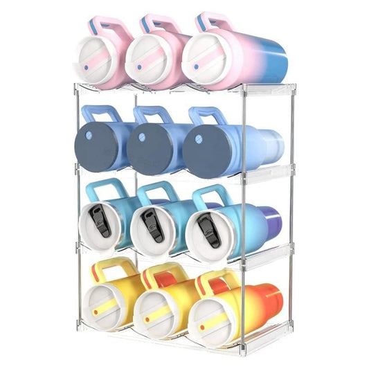 Transparent 4-tier desktop cup and bottle organizer rack with colorful detachable tumblers