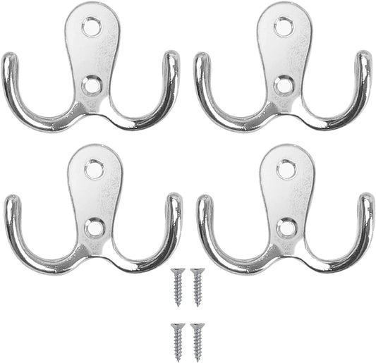 Set of four chrome double-prong coat hooks with mounting holes and included screws