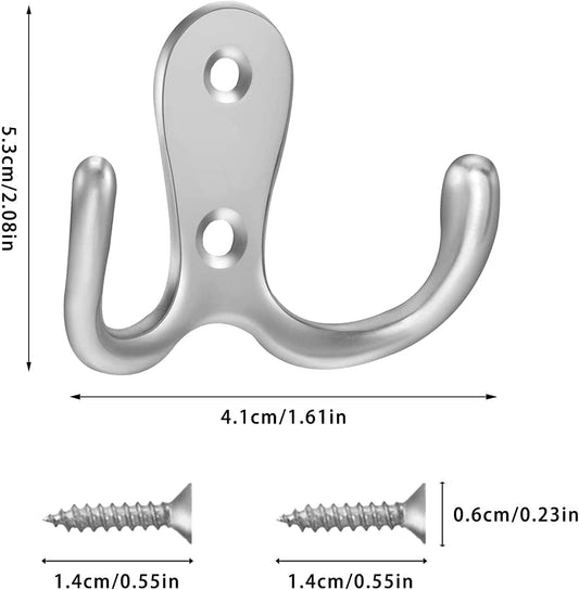 Chrome double-prong coat hook with two mounting holes and two screws, front view