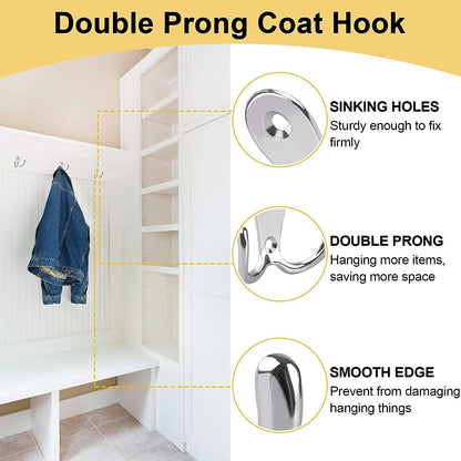 4 pieces of coat hooks with double pins, metal coat hangers, double coat hooks, suitable for bathroom, bedroom, door, wall, clothes, can hang jackets, scarves, bags, towels, keys, hats, with 8 screws