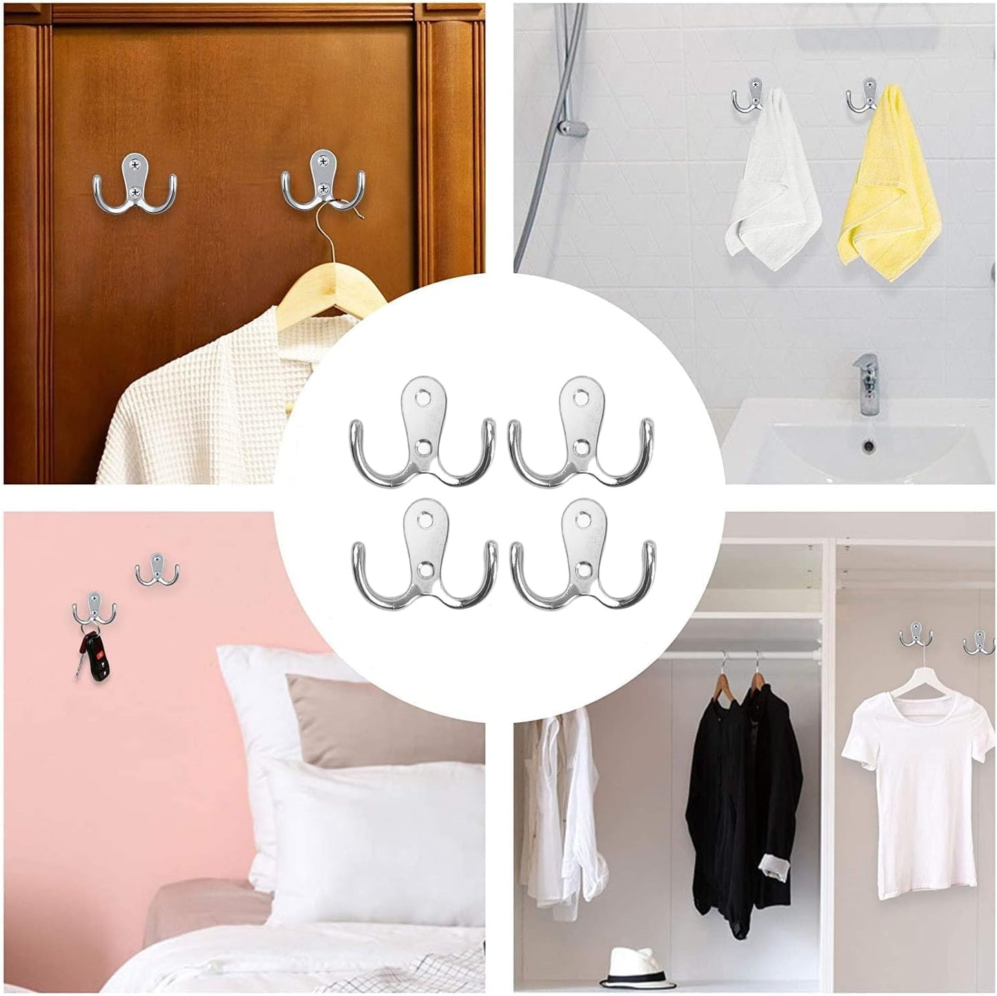 4 pieces of coat hooks with double pins, metal coat hangers, double coat hooks, suitable for bathroom, bedroom, door, wall, clothes, can hang jackets, scarves, bags, towels, keys, hats, with 8 screws