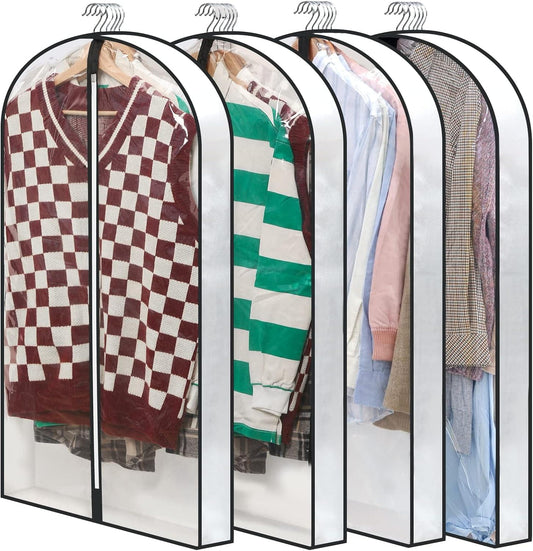 Set of clear hanging garment bags with black zip frame, shown holding assorted shirts.