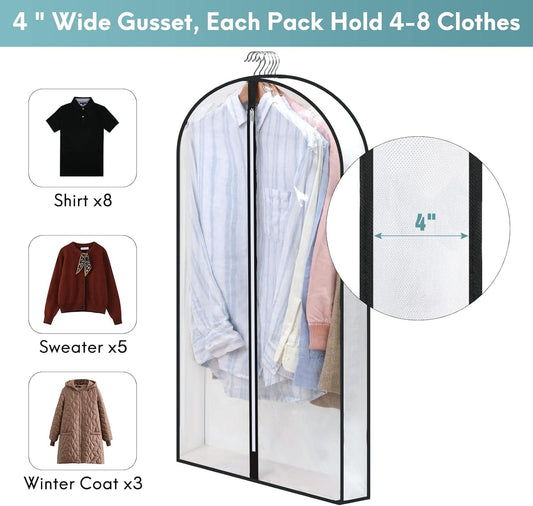 Clear hanging suit garment bag with zipper, with 4-inch wide gusset detail and hanging clothes.
