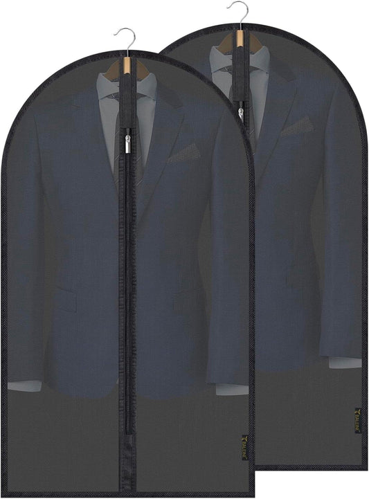 Translucent black garment bags with front zipper and hanging hooks, 2-pack set