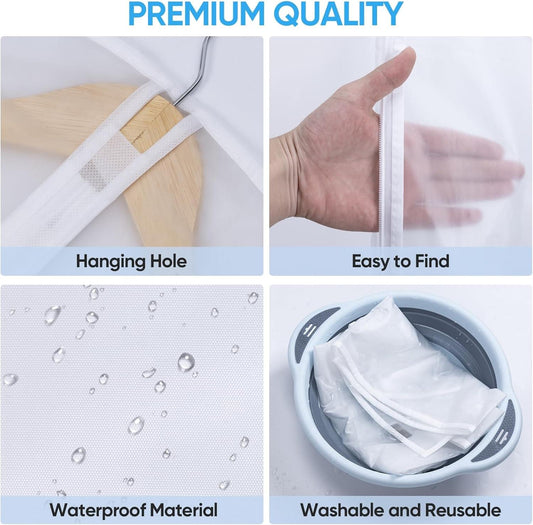 Clear PEVA garment bags with reinforced hanging hole and zipper, for storage