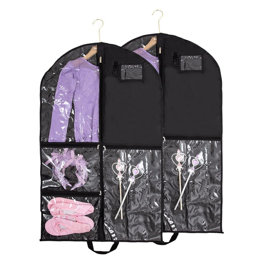 Black hanging garment bag with zipper front and transparent storage compartments, open view