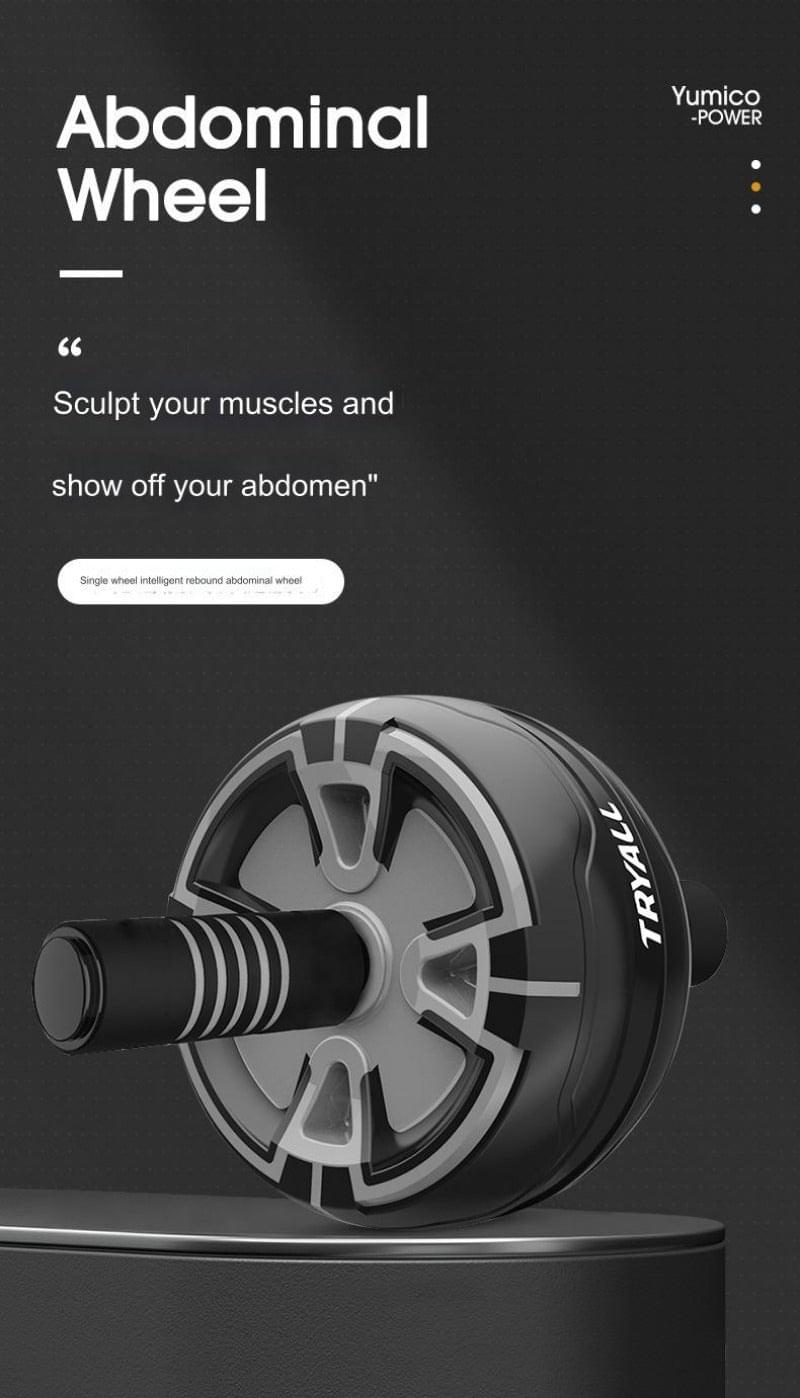 Abdominal wheel with gray multi-spoke disc and black foam handle, TRAYY logo