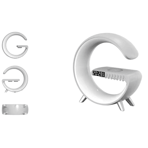 White crescent alarm clock with LED display and control buttons, wireless charger base