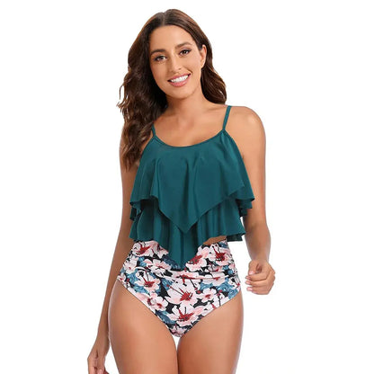 Teal ruffle tankini top and pink-blue floral high-waist bikini bottoms, sleeveless set