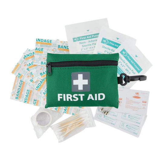 Mini first aid kit with green zip pouch and assorted bandage supplies, 43-piece set