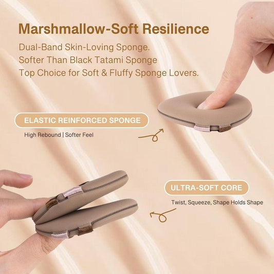 Hand holding a brown teardrop makeup sponge puff with mauve strap
