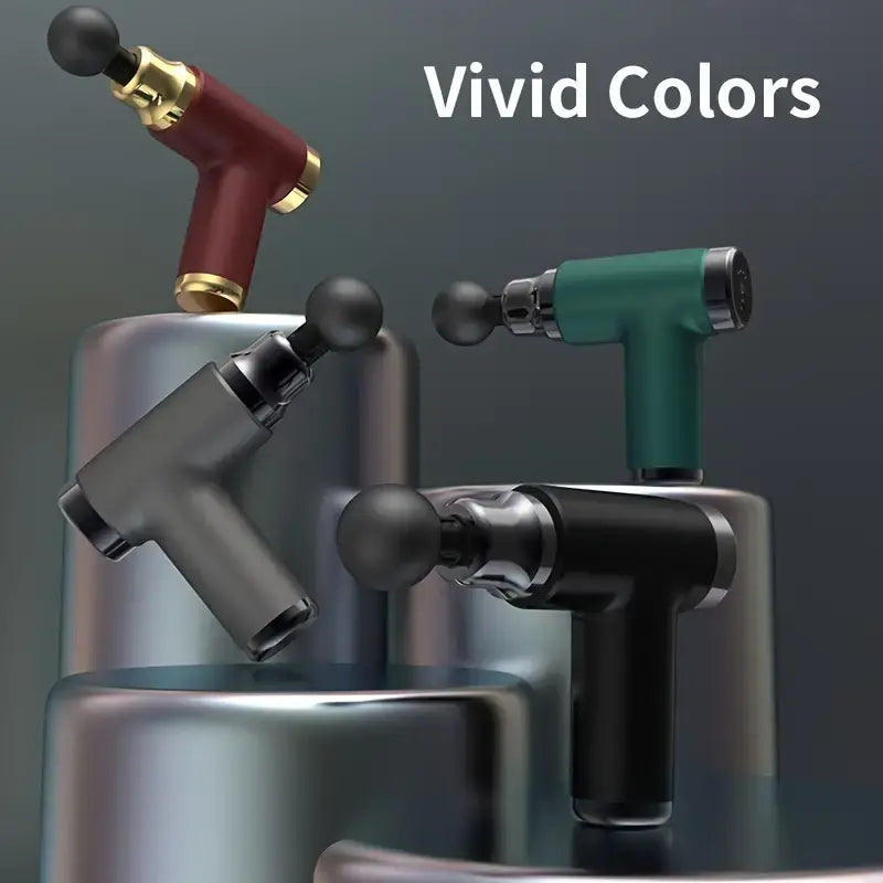 Portable massage guns in black and green with round heads and side handle