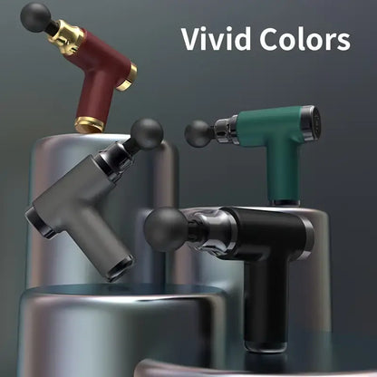 Portable massage guns in black and green with round heads and side handle